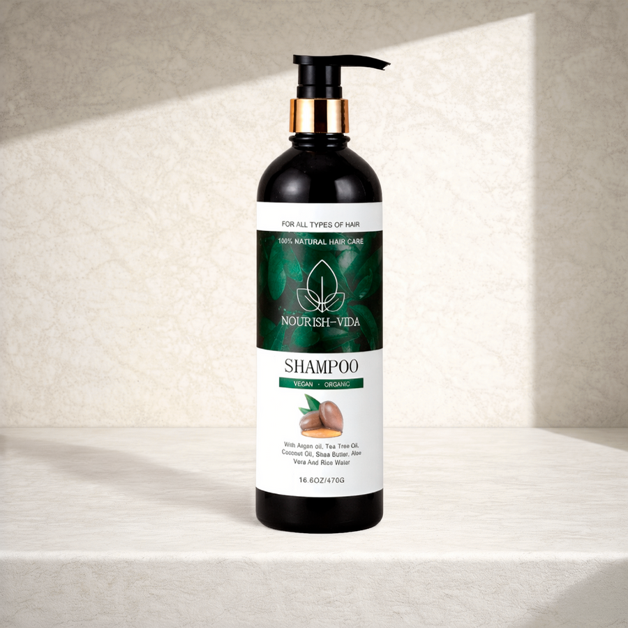Nourish Vida shampoo bottle on a textured surface