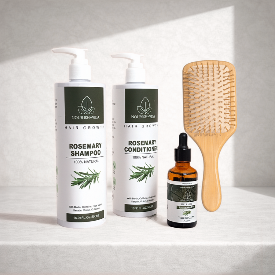 Nourish Vida hair care products including shampoo, conditioner, and oil with a wooden paddle brush on a light background.