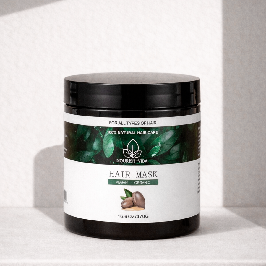 Hair mask jar with label on a light gray background
