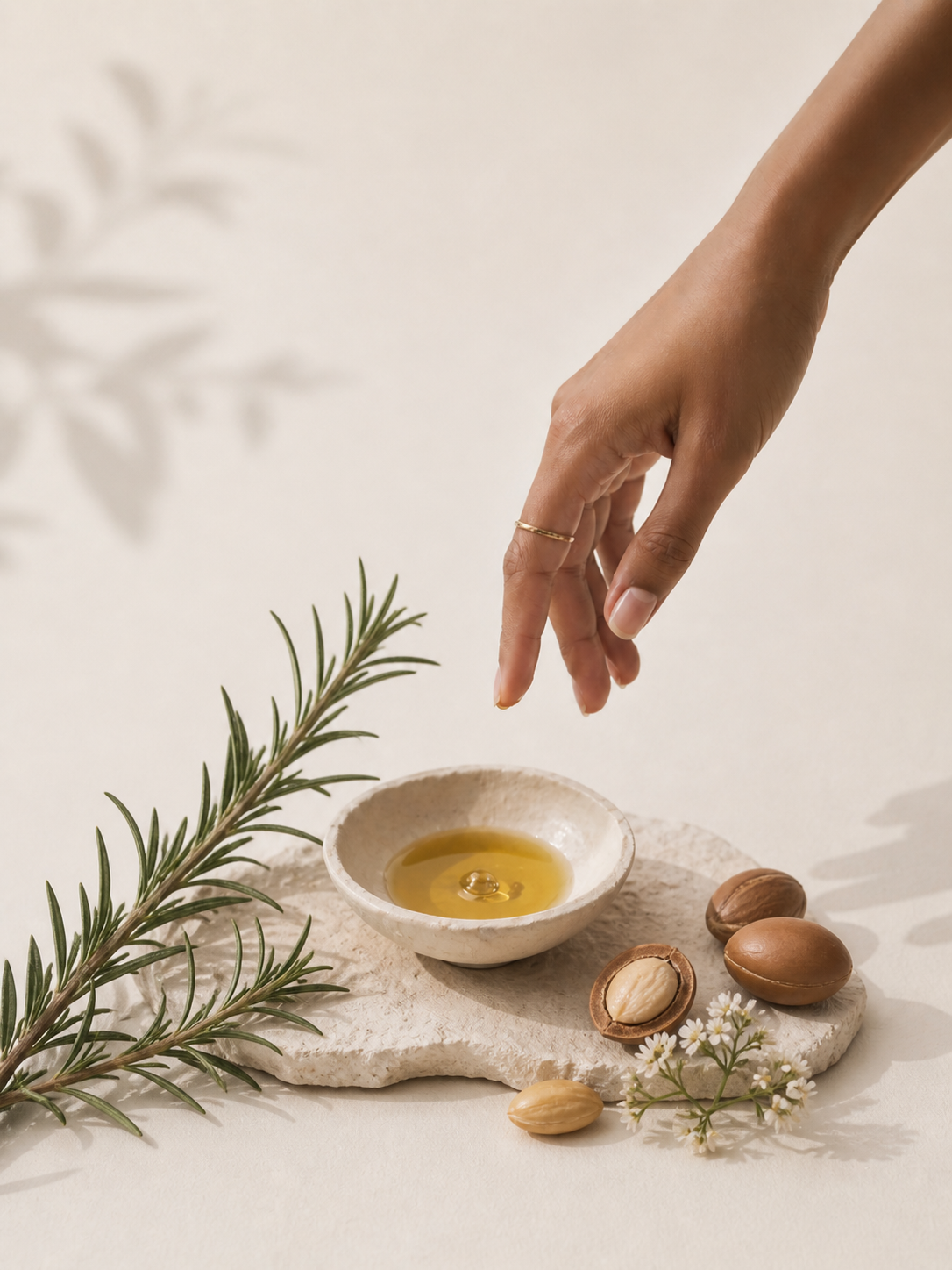 Hand reaching towards a bowl of oil with rosemary and nuts on a light background