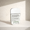 White container with black text on a beige background