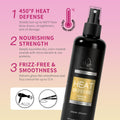 Heat defense leave-in spray bottle with product features on a pink and beige gradient background
