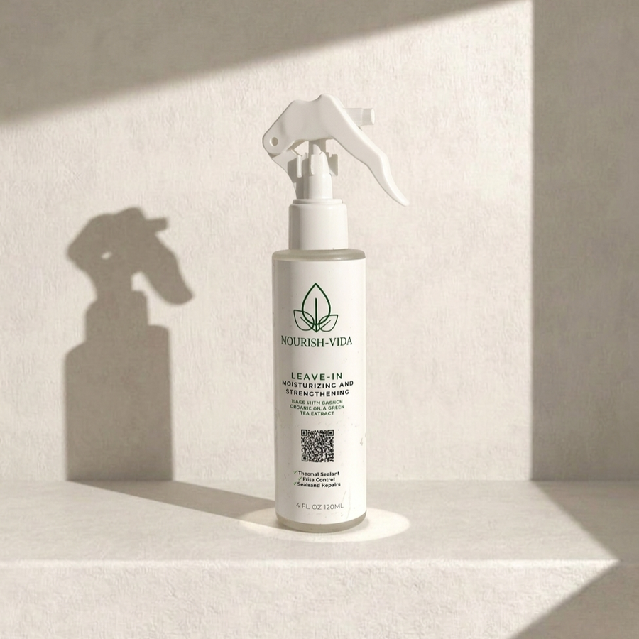 Nourish Vida leave-in conditioner bottle on a light background