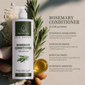 Rosemary conditioner bottle with ingredients and benefits on a neutral background