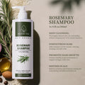 Rosemary shampoo bottle with product details on a neutral background