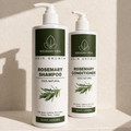 Nourish-Vida Rosemary Shampoo and Conditioner bottles on a beige background