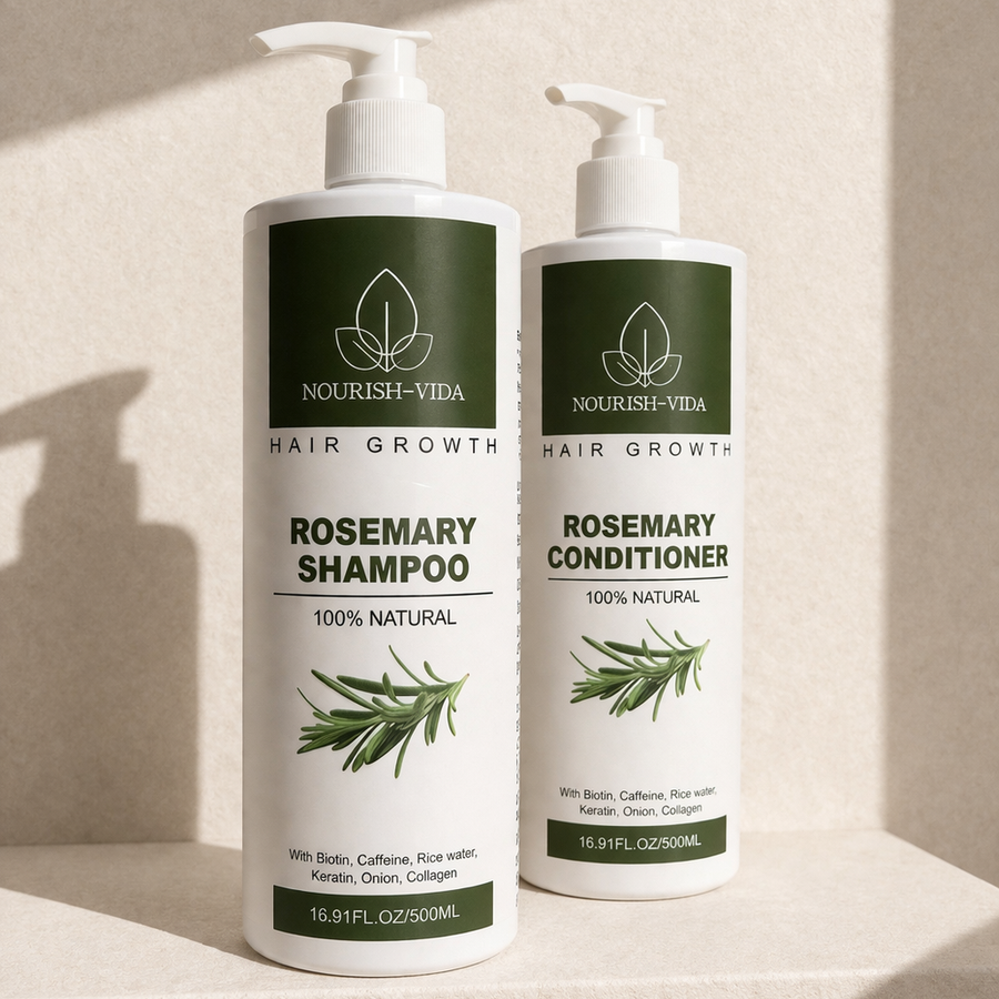 Nourish-Vida Rosemary Shampoo and Conditioner bottles on a beige background